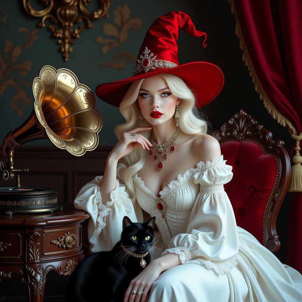 Surreal Art Nouveau Witch and Cat with Gramophone