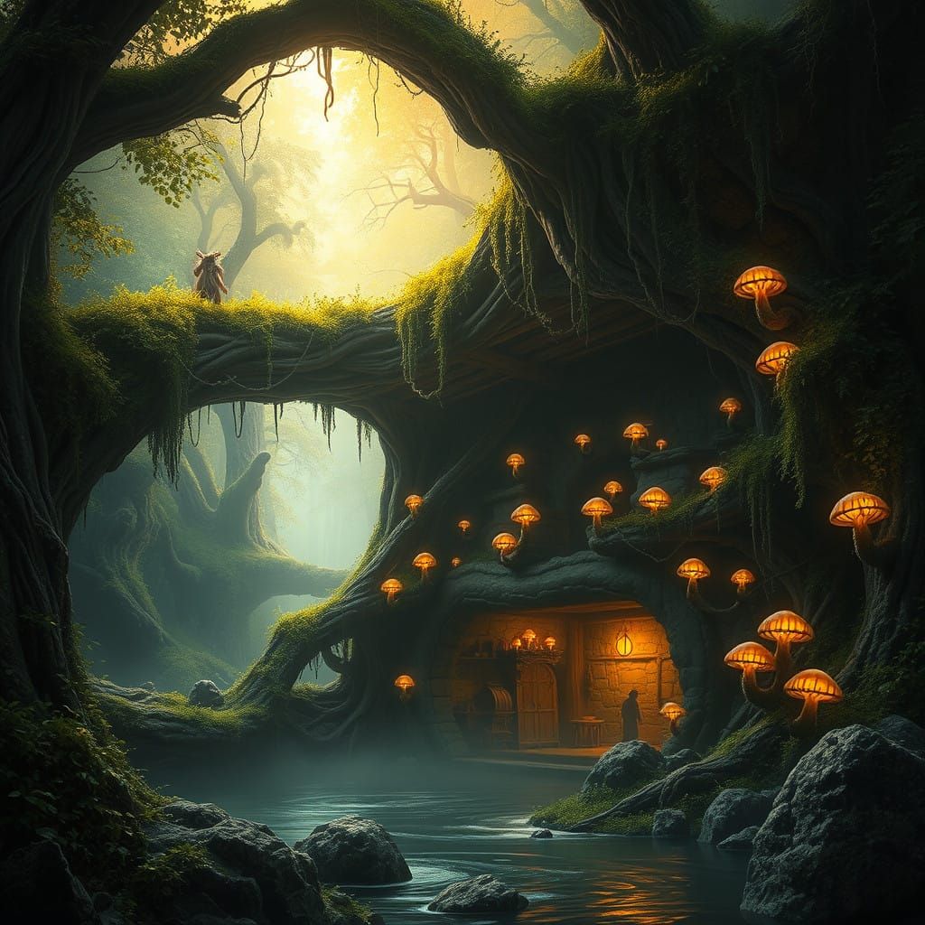 Ancient Water Troll's Enchanted Lair Beneath Moss-Covered Br...