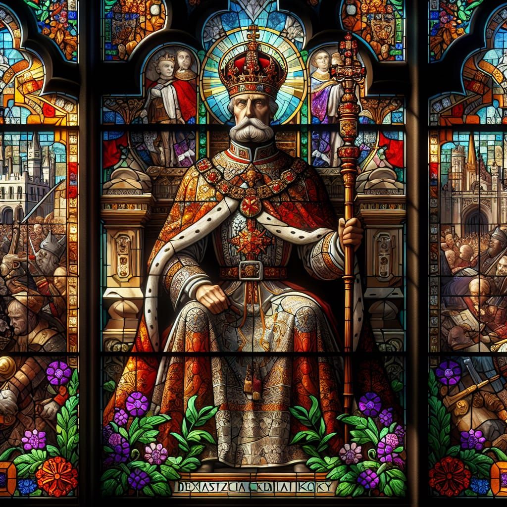 Stained Glass Window Depicting Polish King in Cathedral