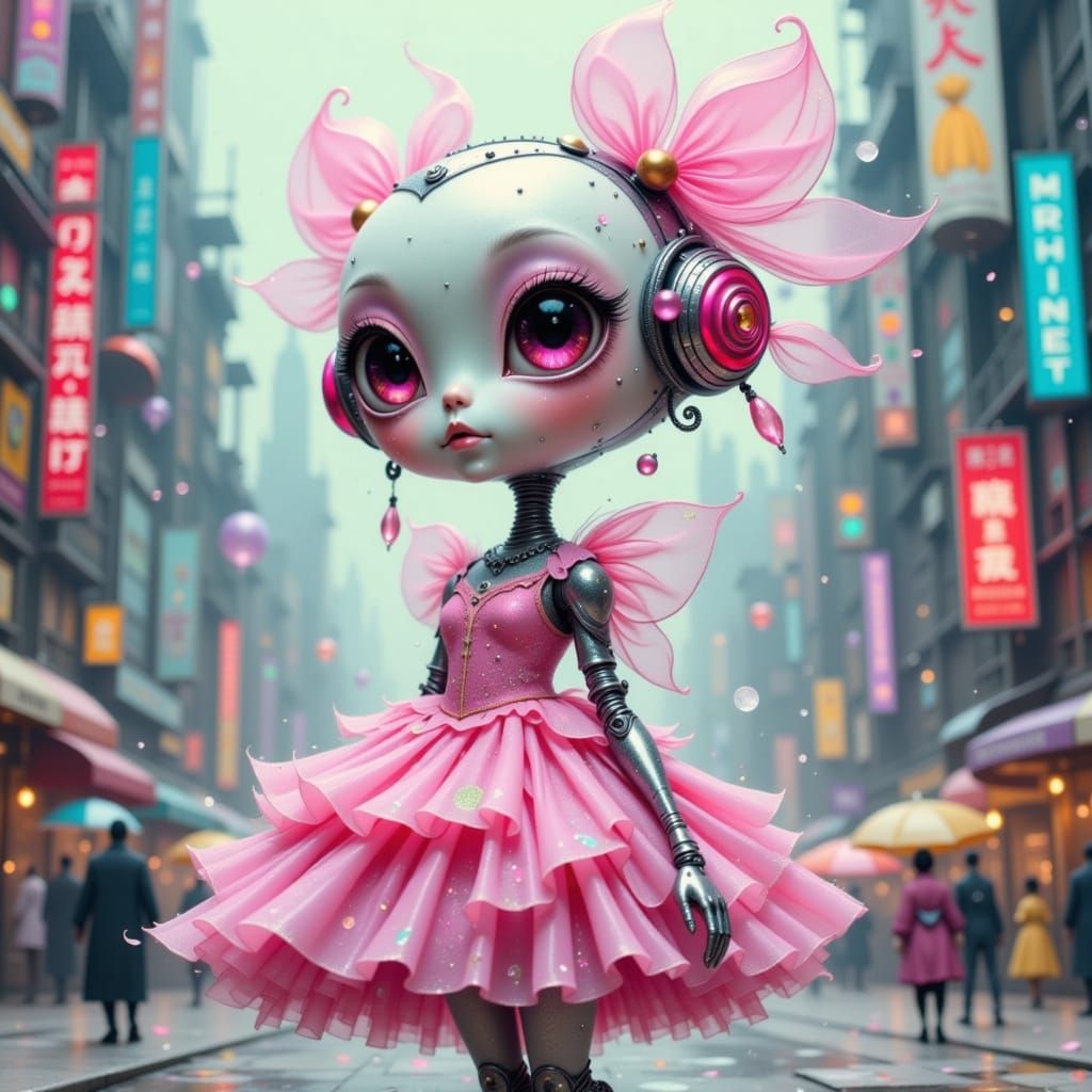 Robot in Pink Dress in Surreal Cityscape
