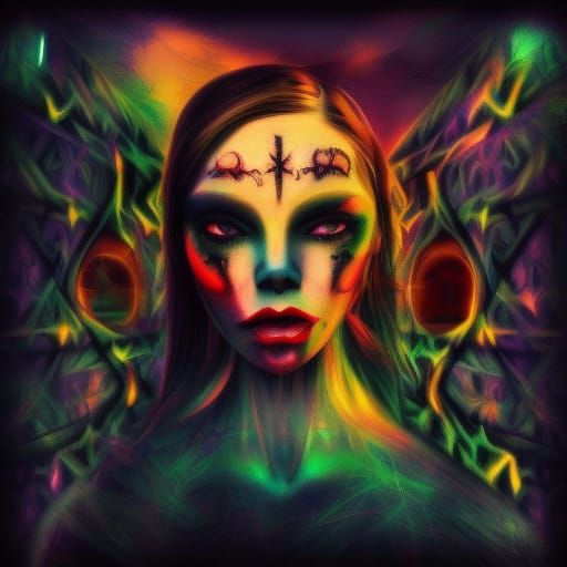 Ethereal Gothic Devil in Colorful Glitch Art