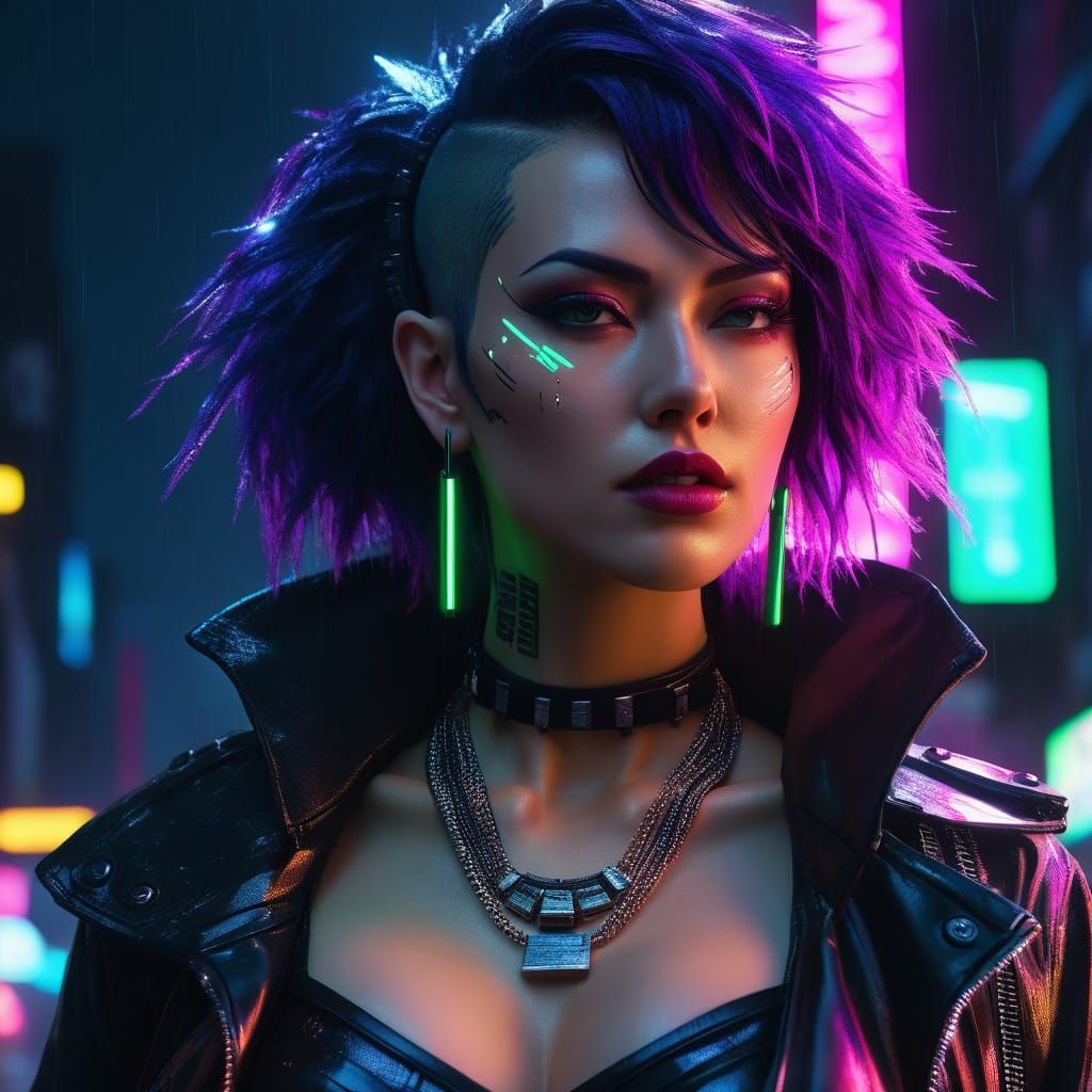 Cyberpunk Rebel Queen in Dystopian City