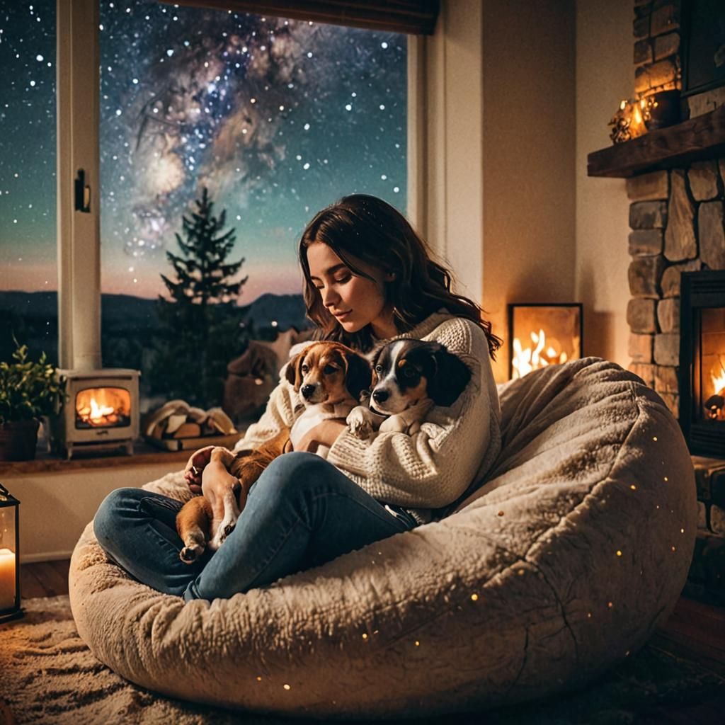 Cozy Scene: Woman, Puppy, Stars, Watercolor Style