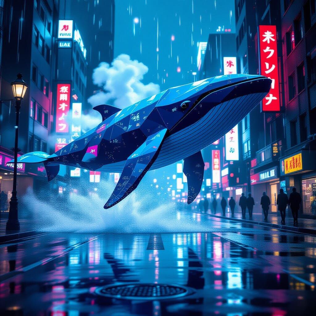 Origami Whale Breaches Neon Cyberpunk Metropolis
