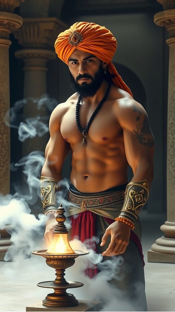 Muscular Genie in Ancient Tomb with Antique Lamp
