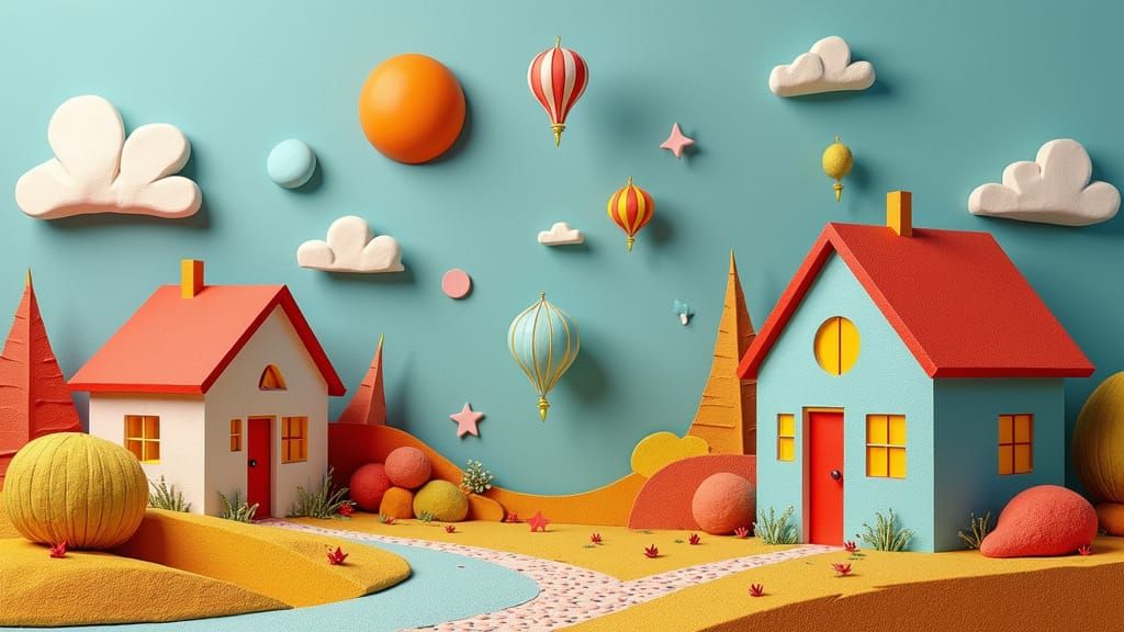 Paper Birds Fly Over Surreal 3D Houses