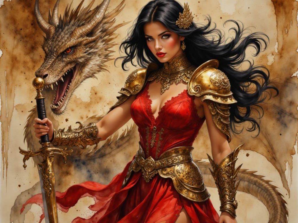 Female Warrior and Dragon in Fantasy Digital Art