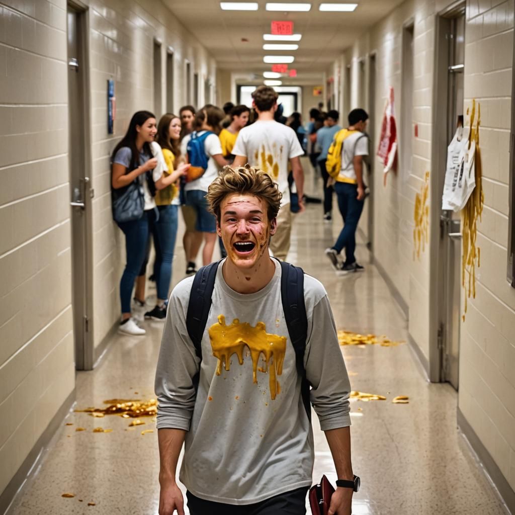 Embarrassed Student with Mustard Stain in Hallway