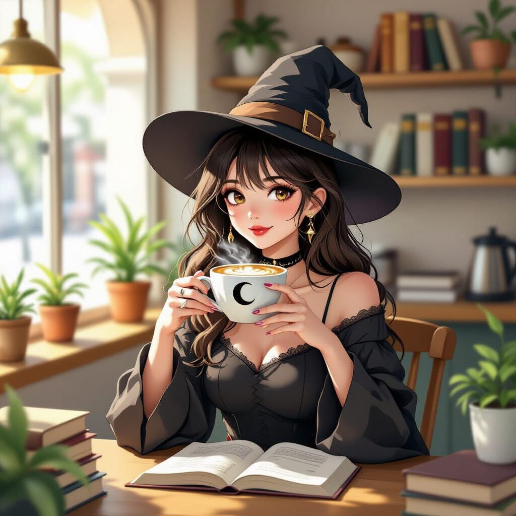 Chic Witch Conjures Moon Latte Art in Cozy Cafe