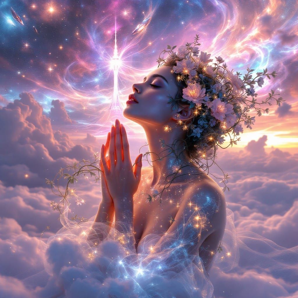 Ethereal Goddess in Cosmic Cyberpunk Dreamscape