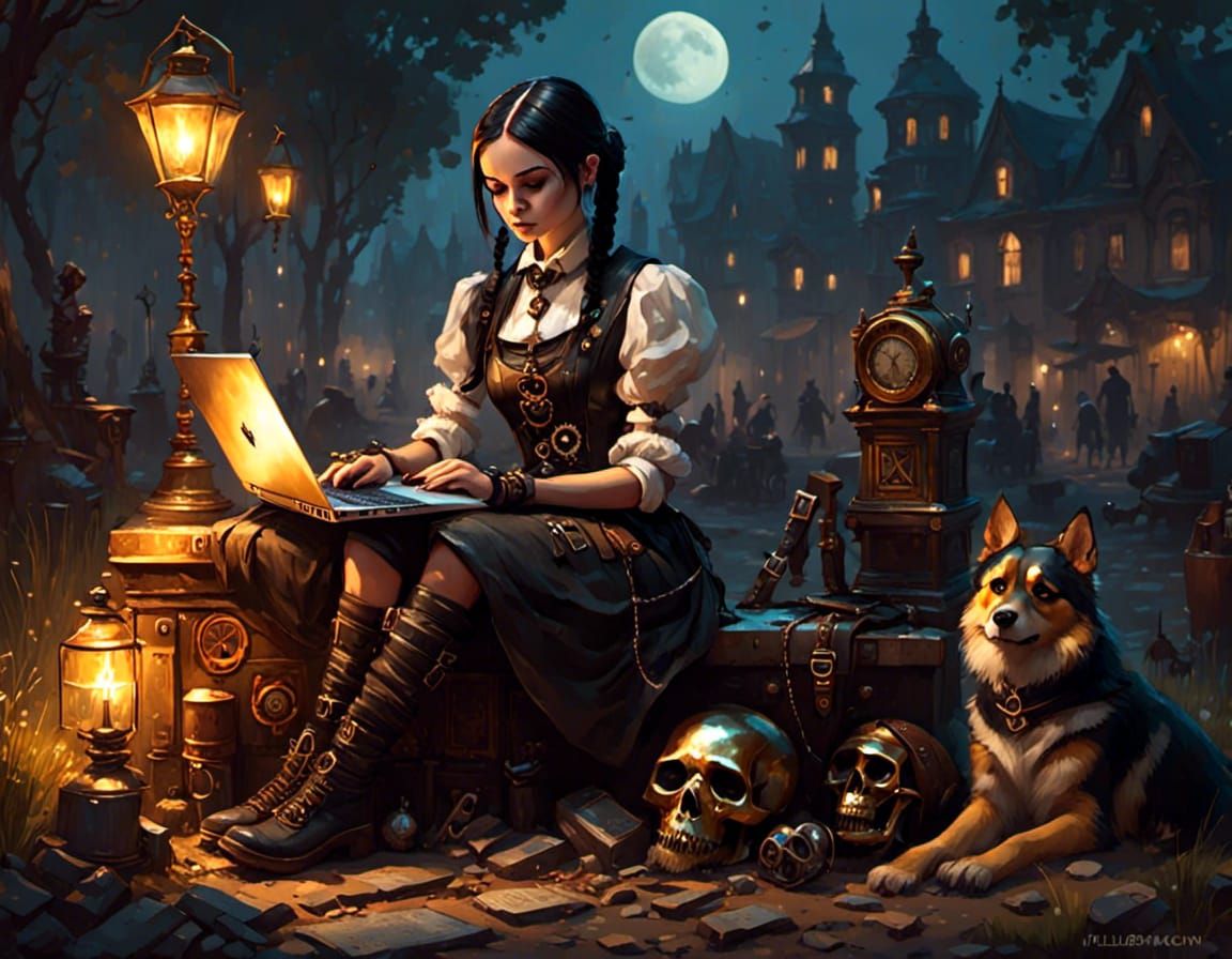 Steampunk Wednesday Addams Working on Laptop