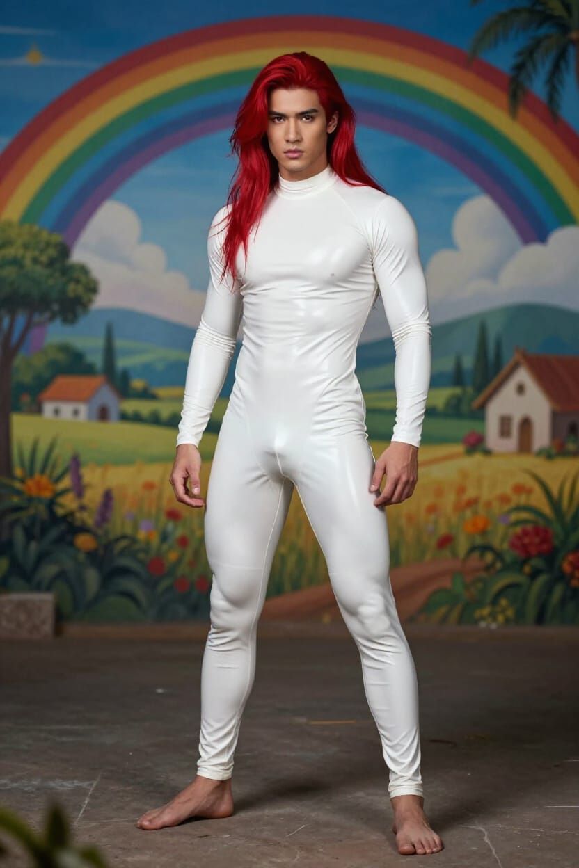 Photorealistic Asian Man in White Latex on Rainbow Mural