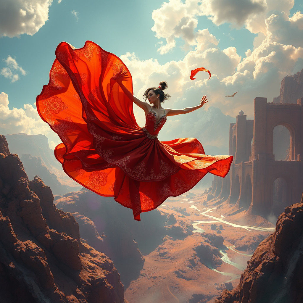 Majestic Dancer in Red, Surreal Matte Painting