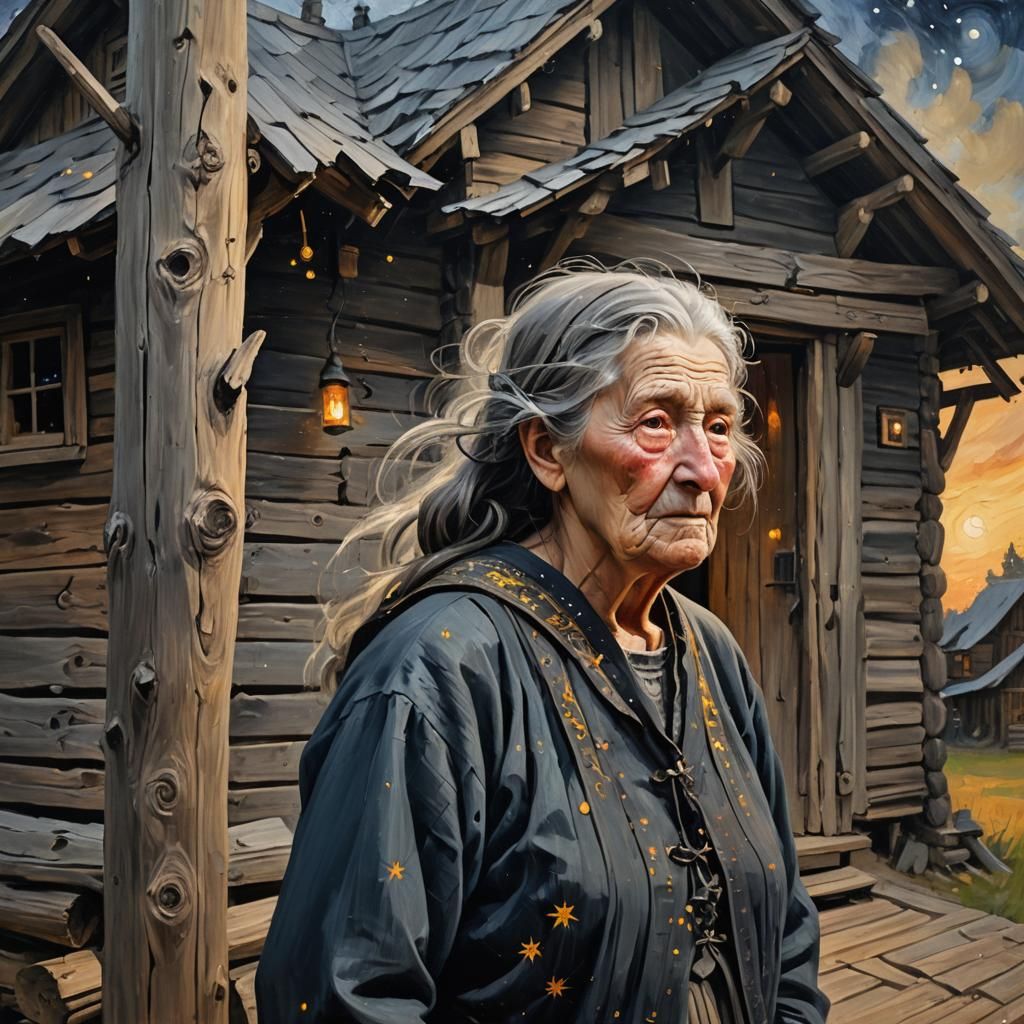 Slavic Woman in Woodland Cabin at Dusk