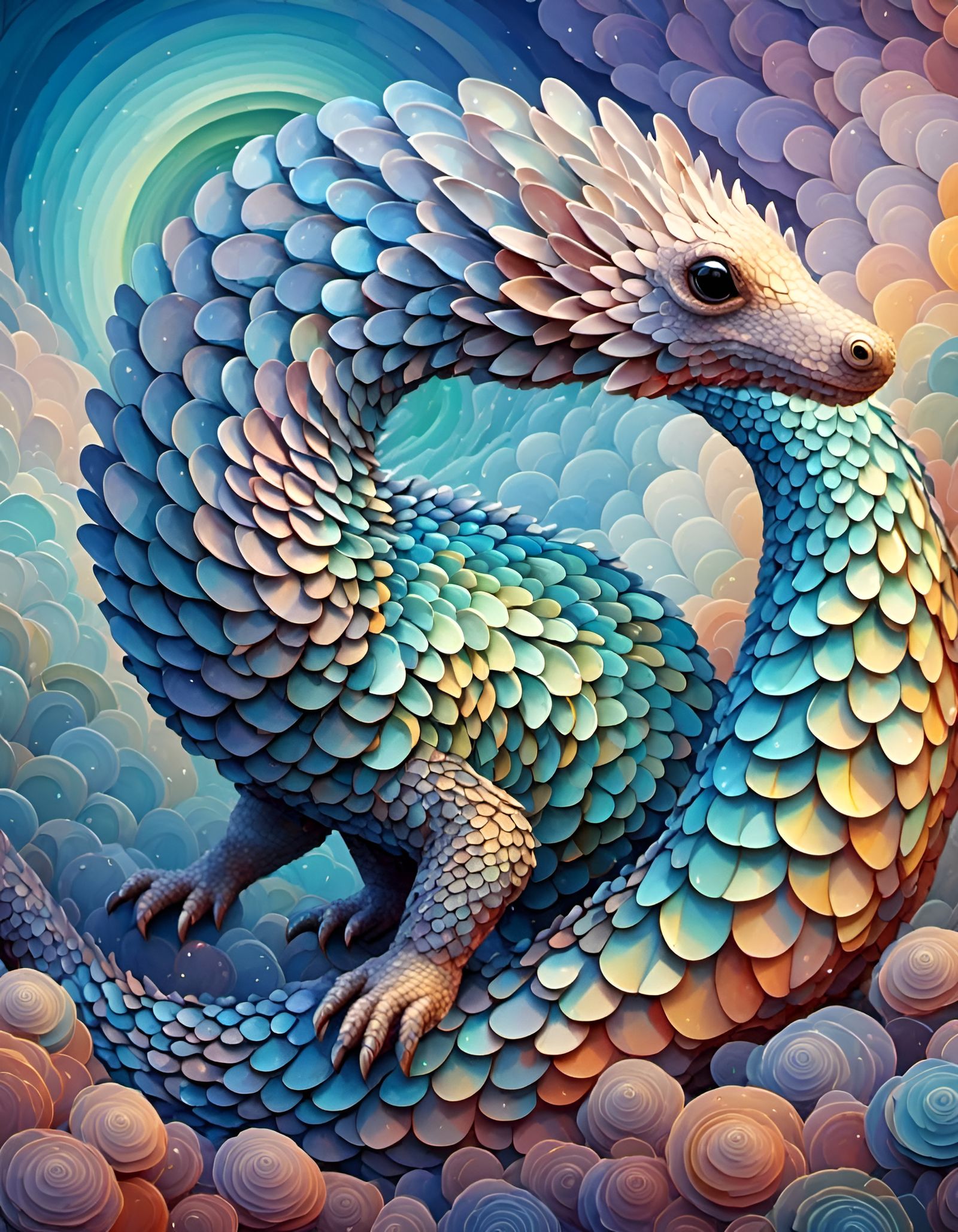 Opalescent Pangolin in Alien Landscape with Fractal Art