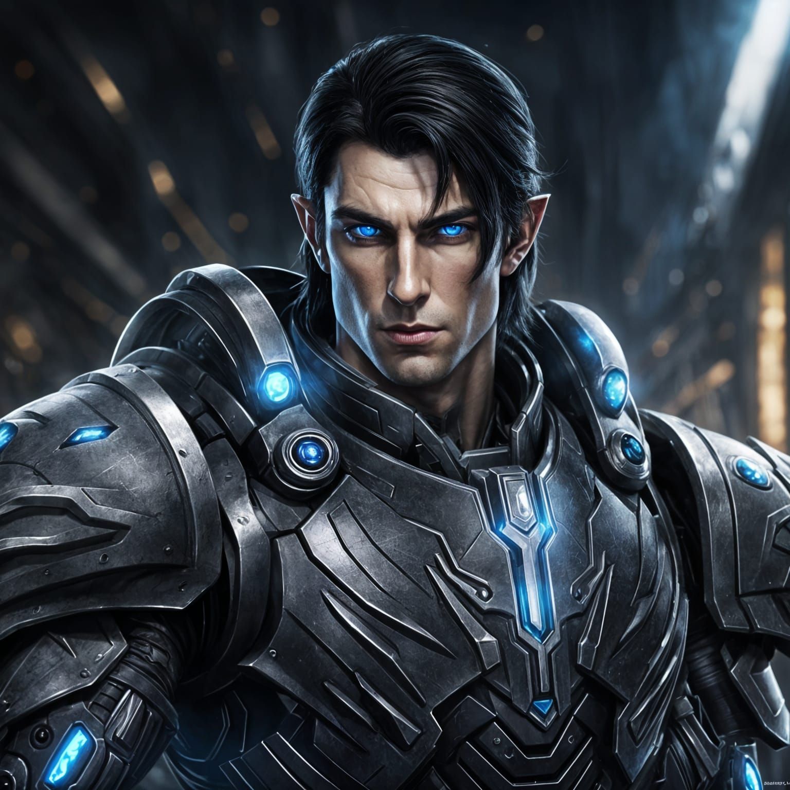 High Elf Warrior in Dark Sci-Fi Armor