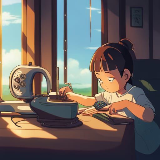 Girl Sewing: Studio Ghibli Anime Visual