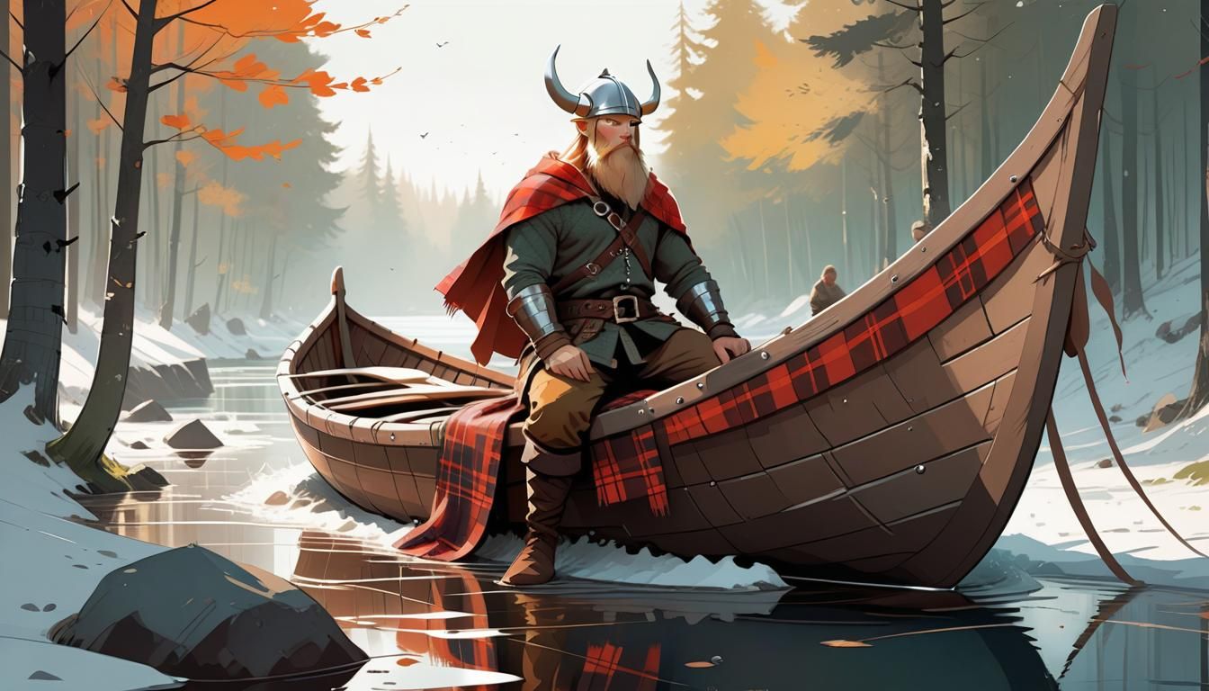 Plaid Viking and Longboat in Manga Style