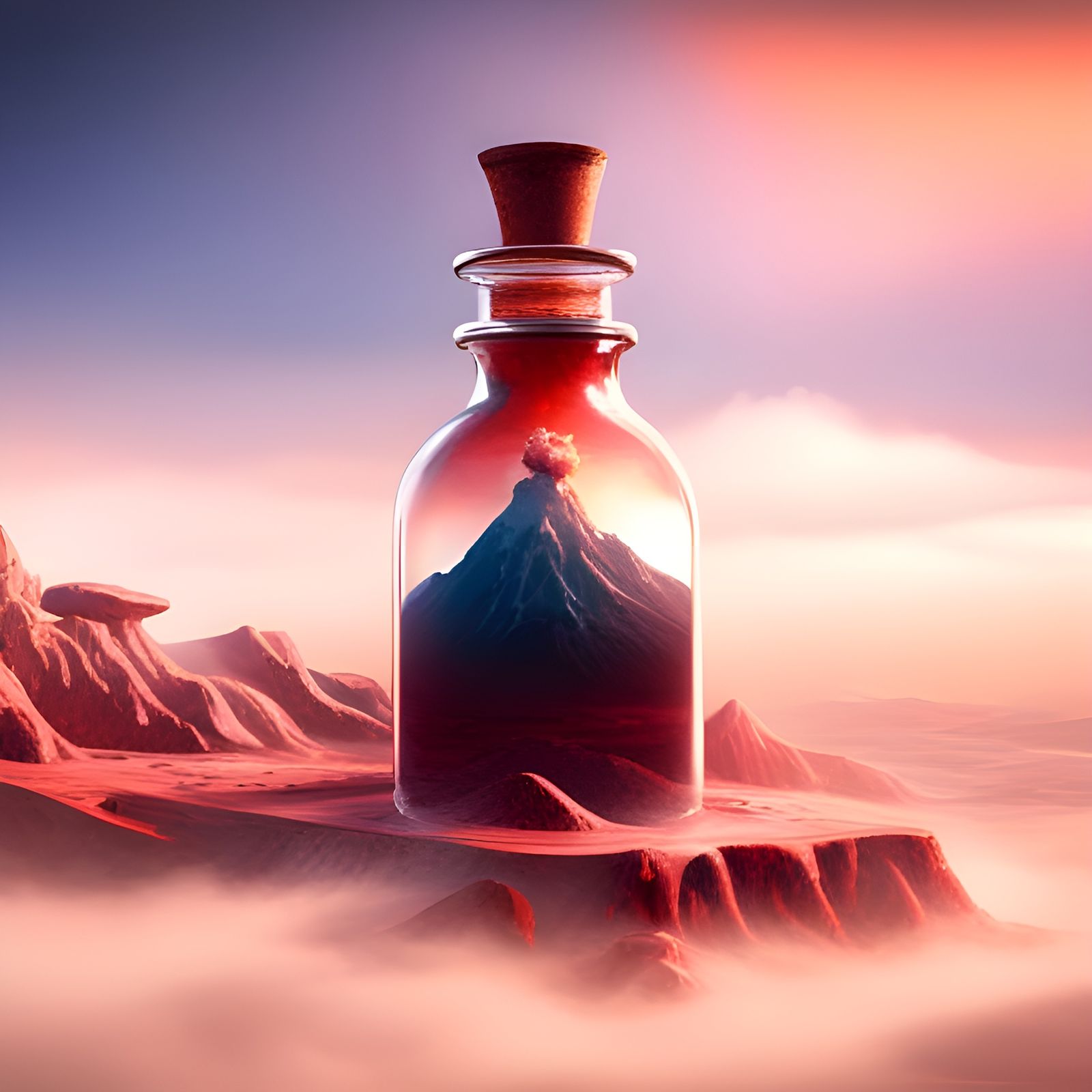 Volcano Landscape Inside Glass Bottle, Detailed Matte Painti...