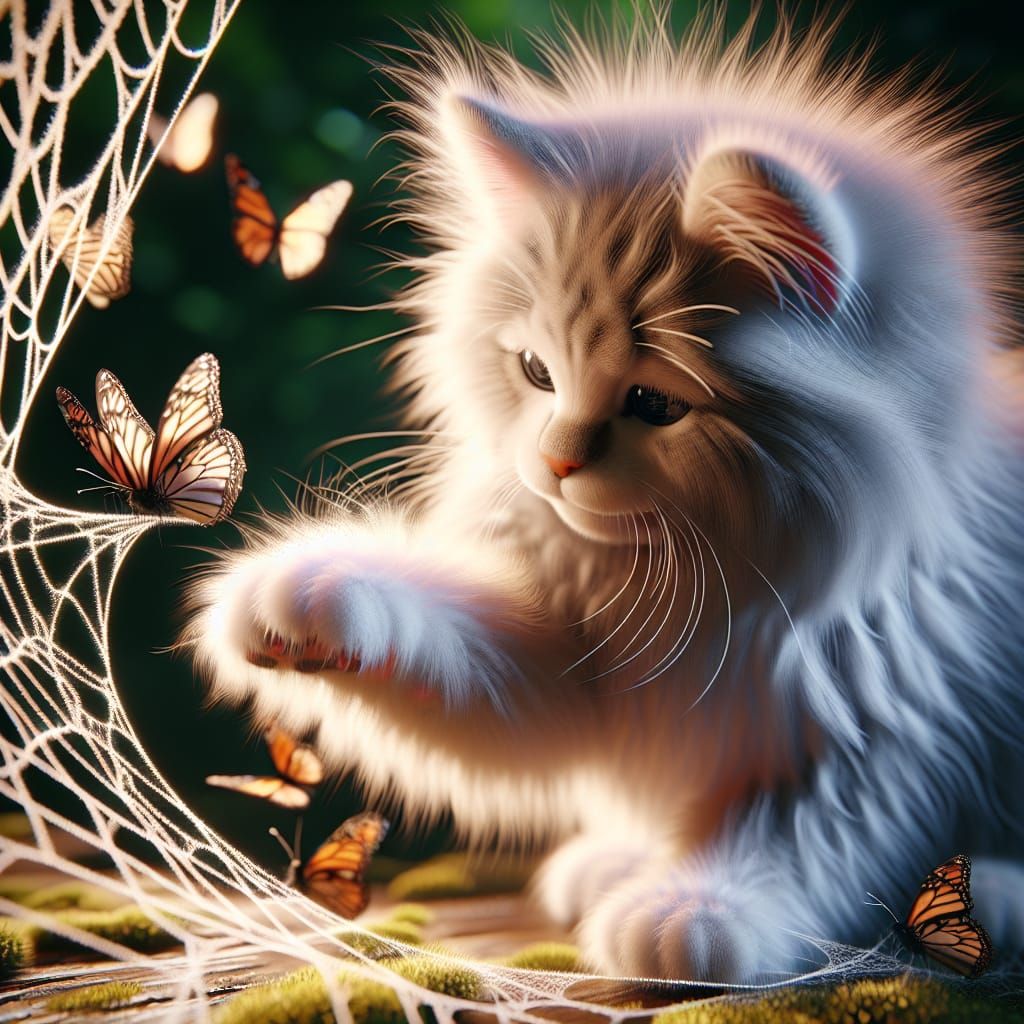 Fluffy Kitten and Butterflies in Spiderweb
