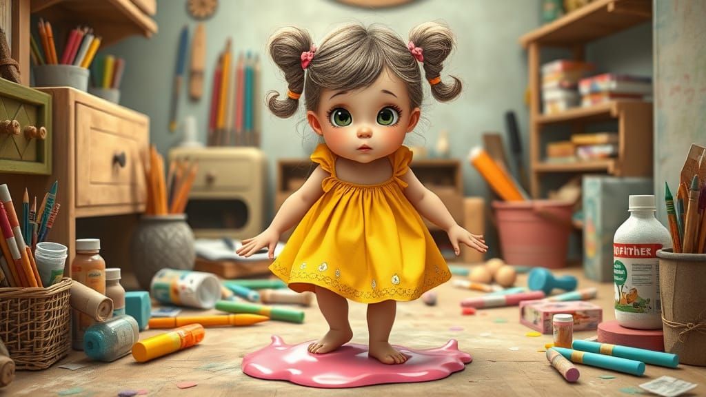 Whimsical Girl Stands in Craft Room Chaos
