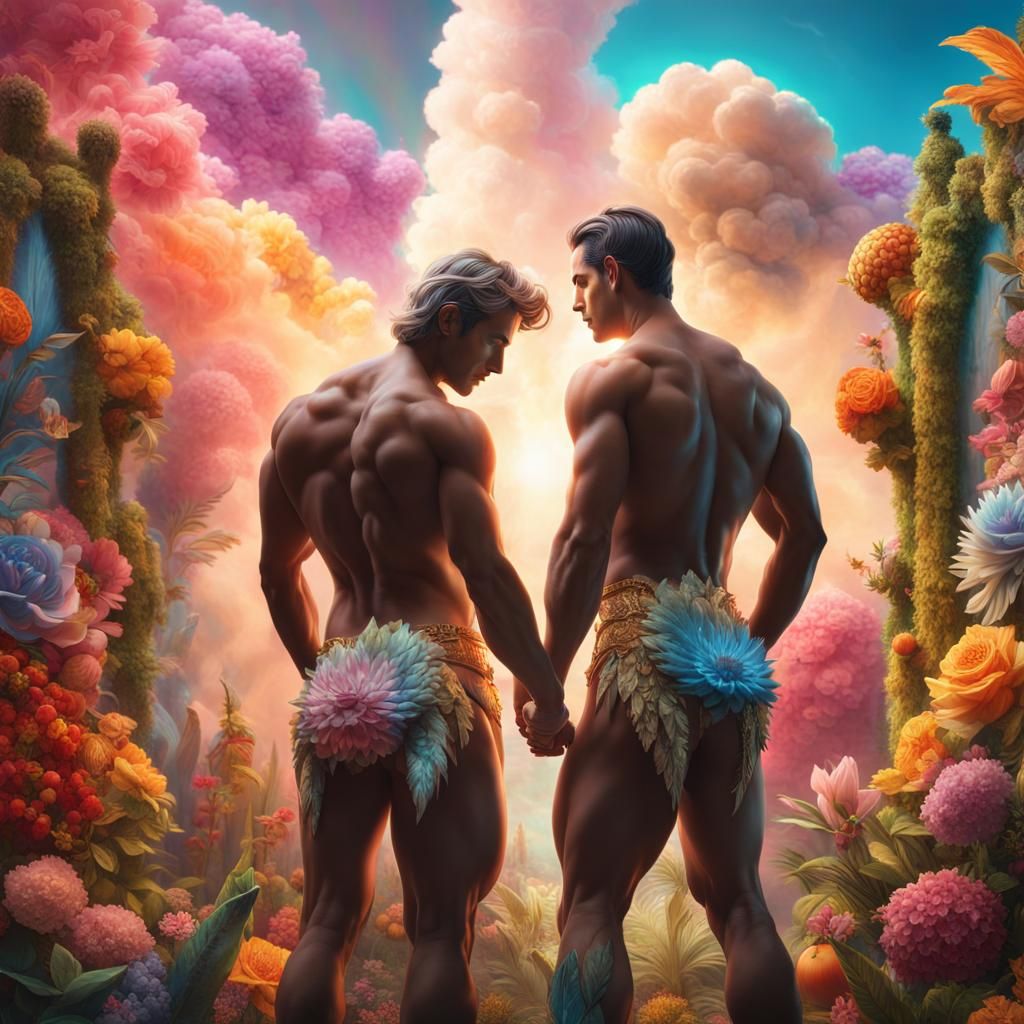 Hyperreal Backless Men in Bioluminescent Garden