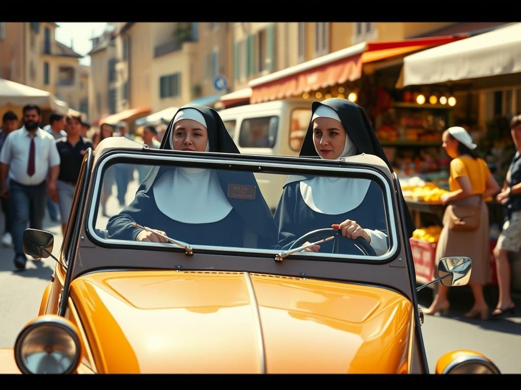 Vintage Nuns Speed Past French Village Market