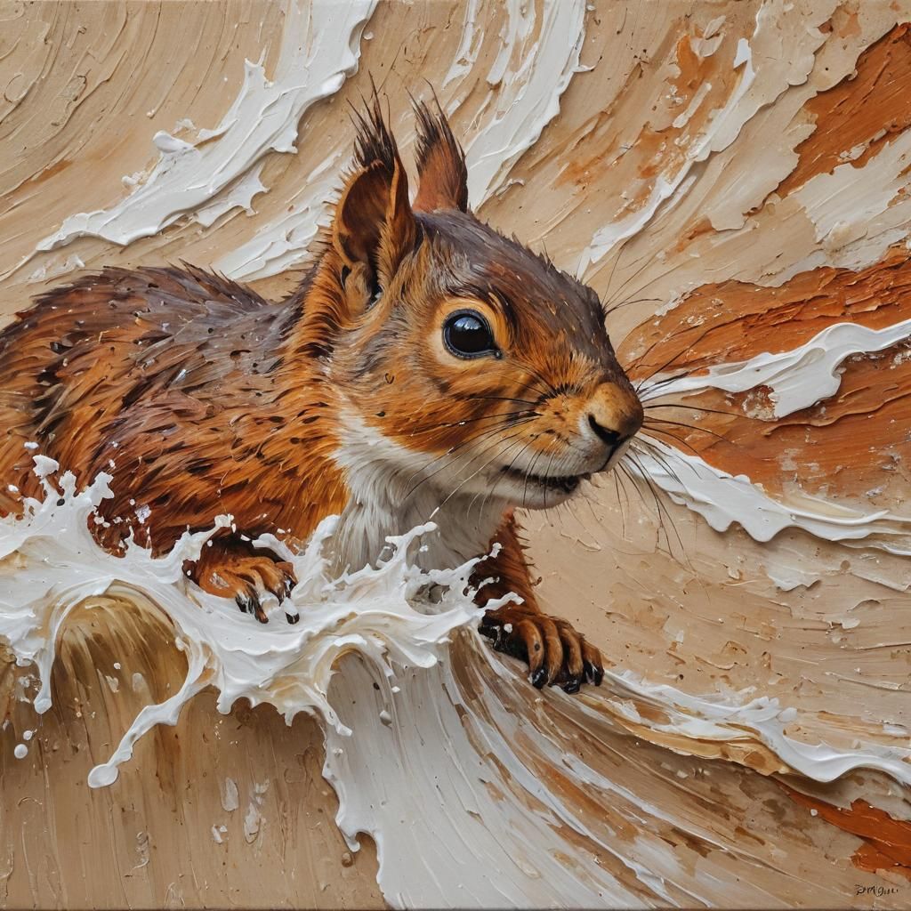 Abstract Squirrel Face Impasto Painting with Waves
