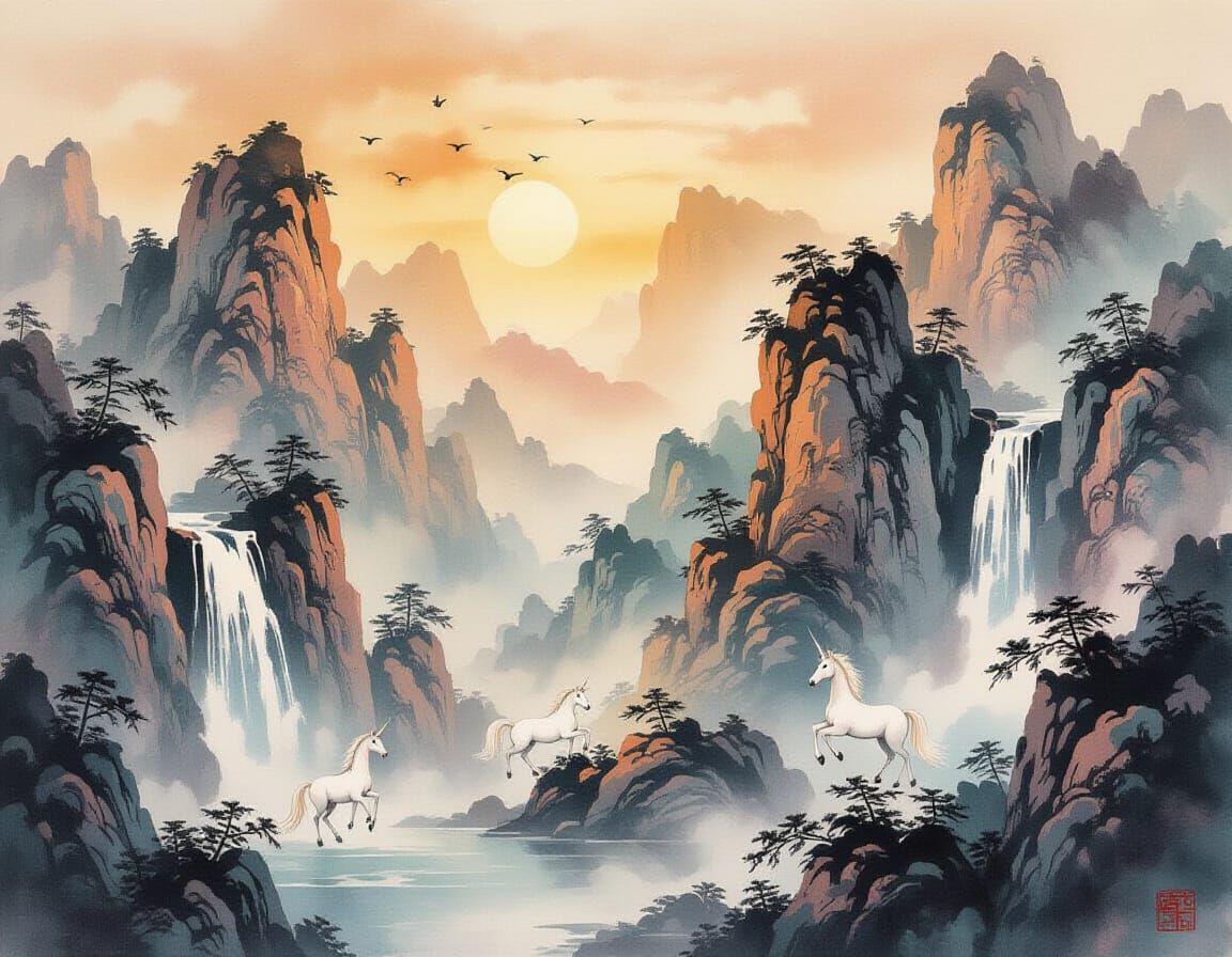 Unicorns Frolic in Chinese Ink Painting at Dawn