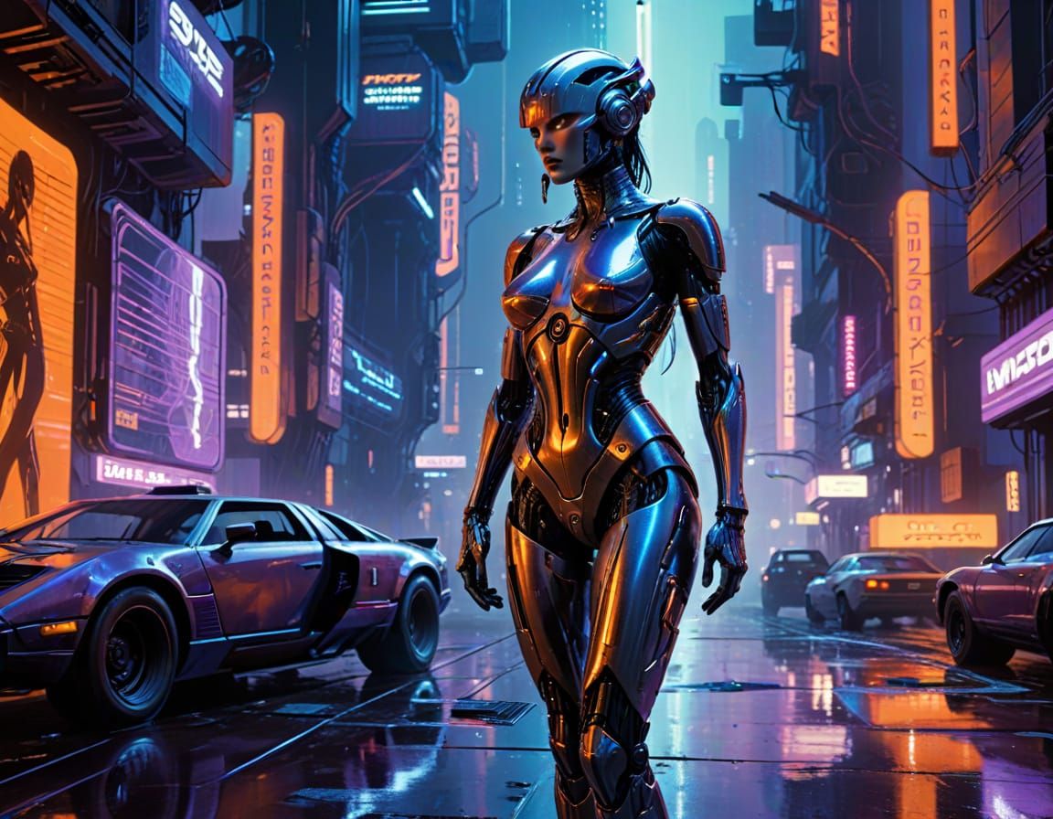 Cyberpunk Gynoid in Neon Cityscape