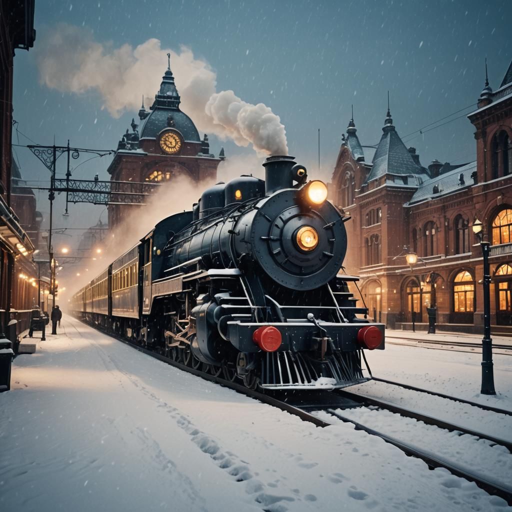 Art Deco Train Station in Winter, Vintage Photography