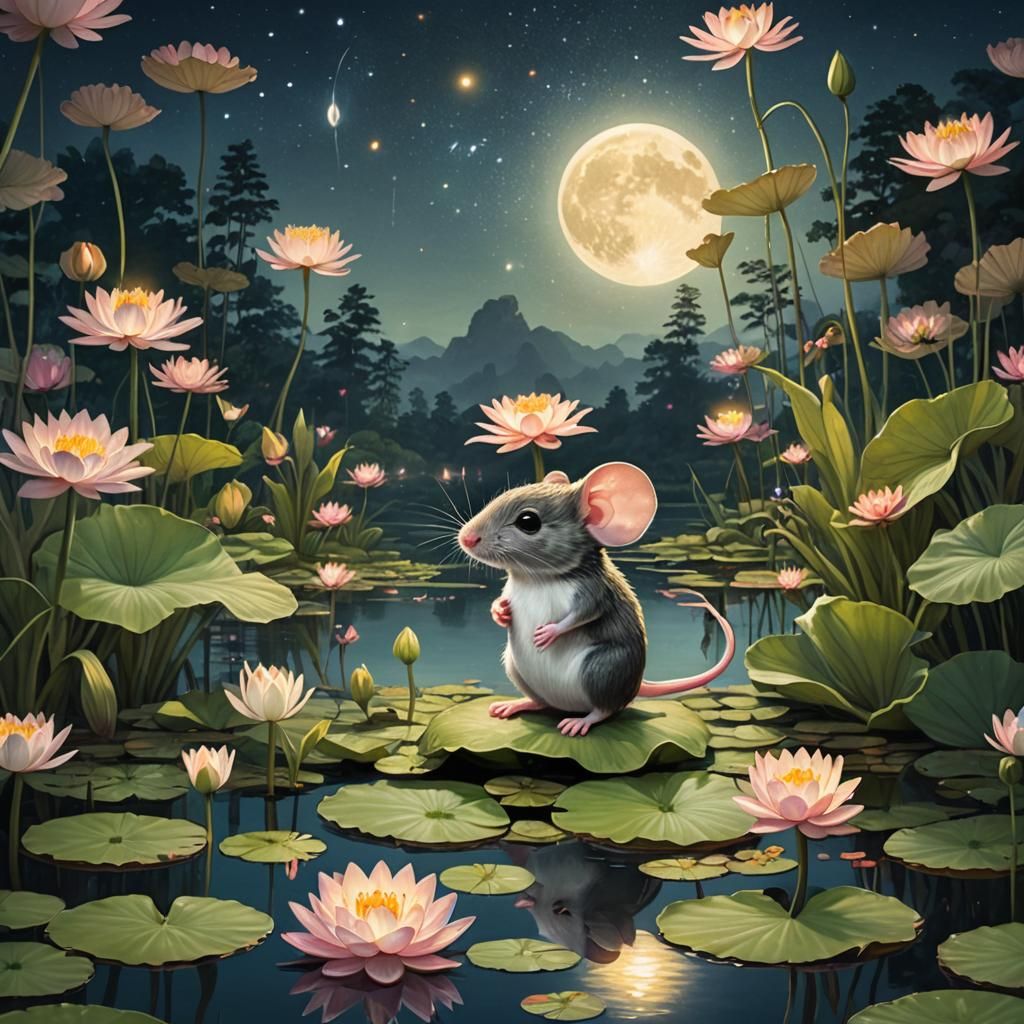 Mouse on Lily Pad in Moonlit Lake, Whimsical Illustration