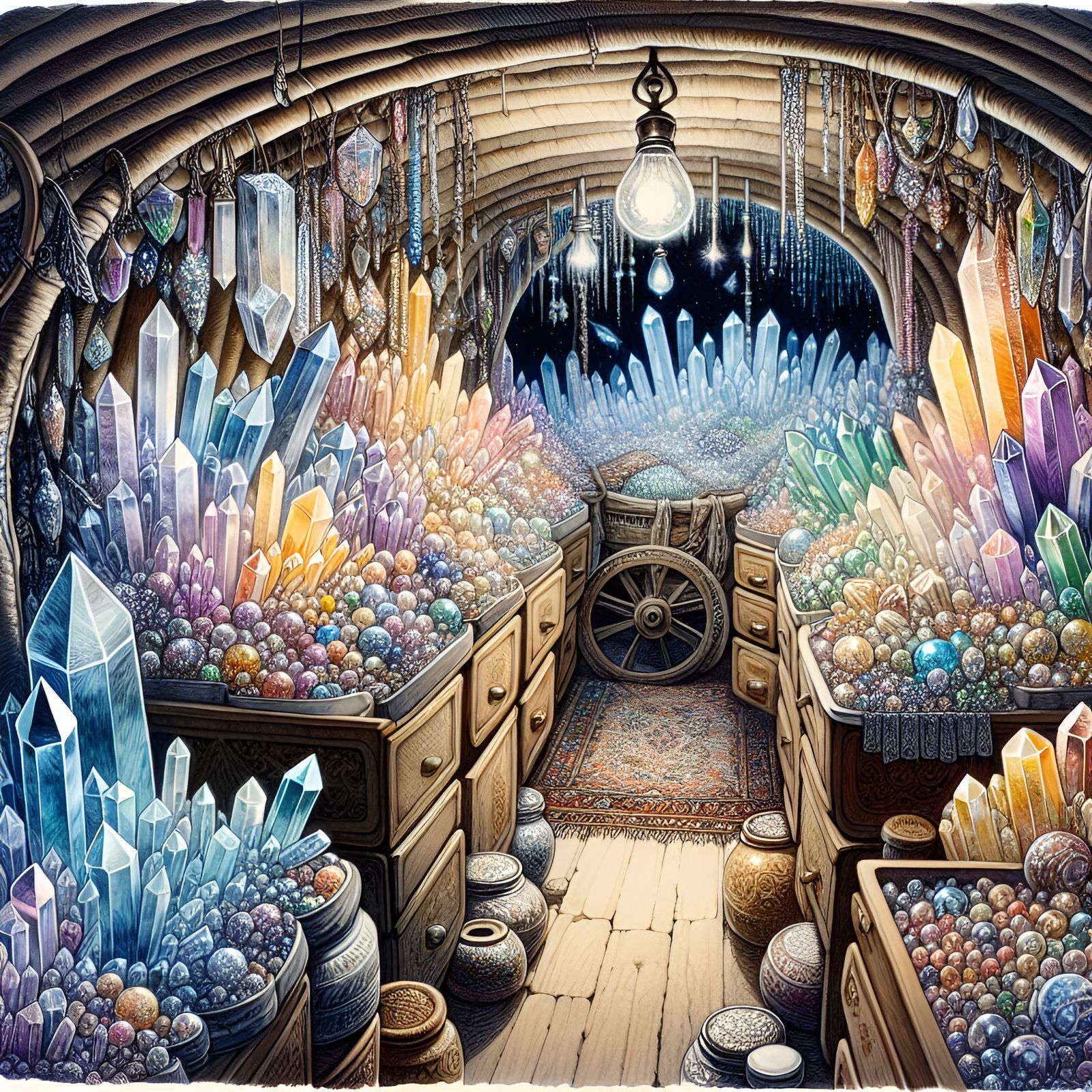 Crystal shop, from the open side of a Romany Caravan