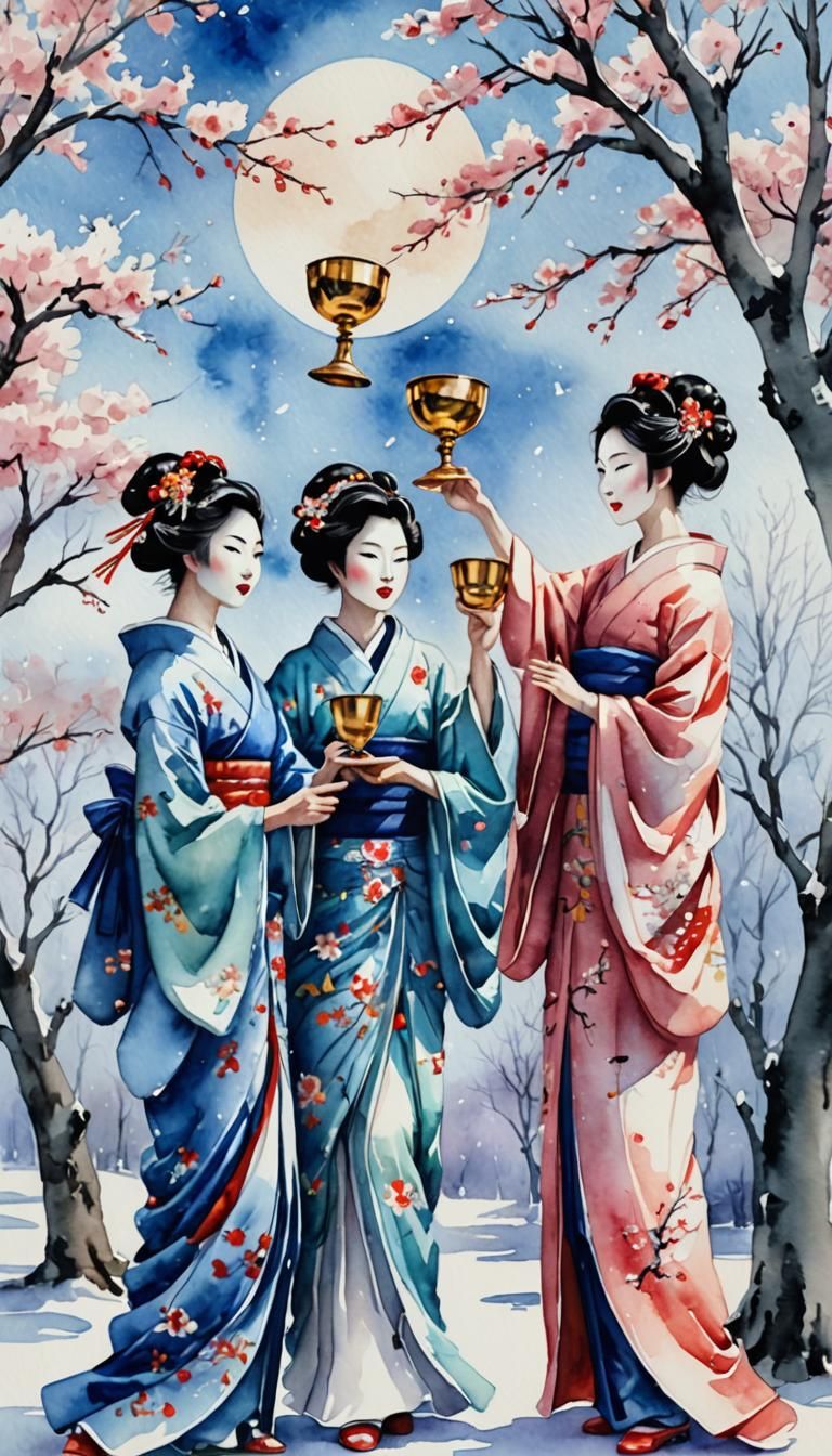 Three Geishas Dancing in Watercolor Winter Landscape