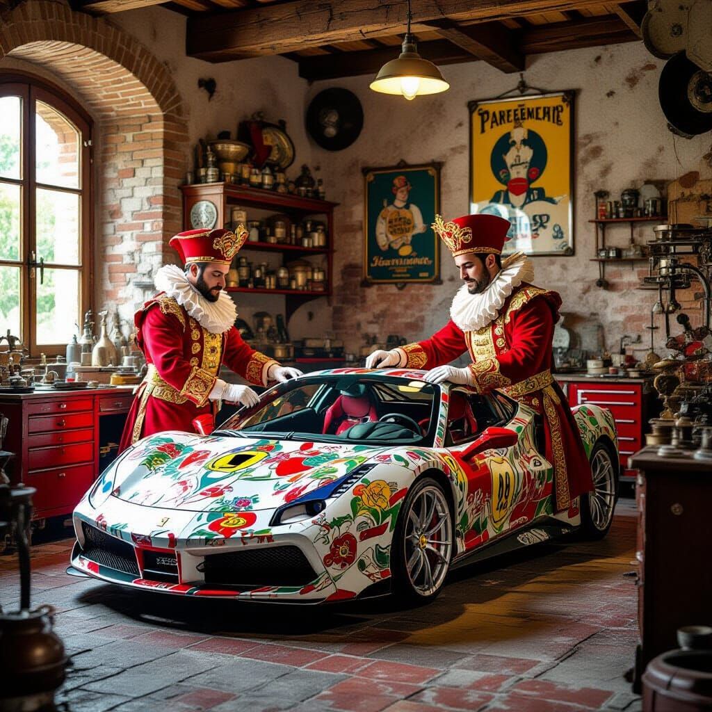 Baroque Artisans Crafting Ferrari in Art Deco Style
