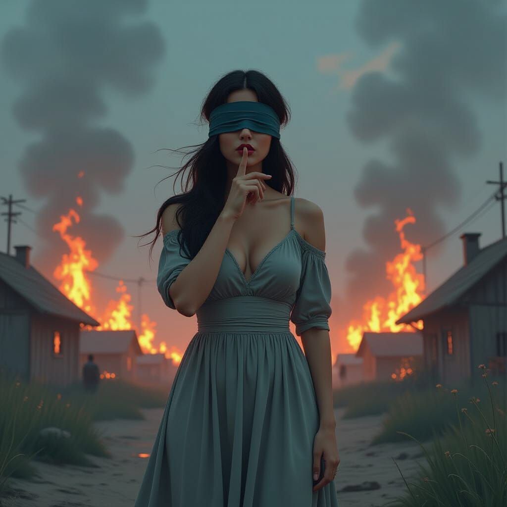 Woman Silencing World in Burning Village