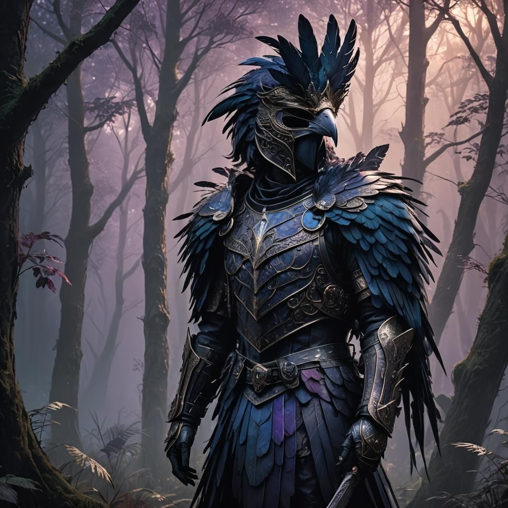 Mysterious Bird Warrior in Misty Forest