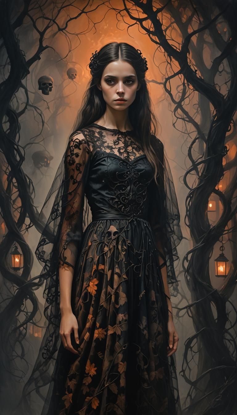 Eerie Girl in Dark Fantasy Oil Painting