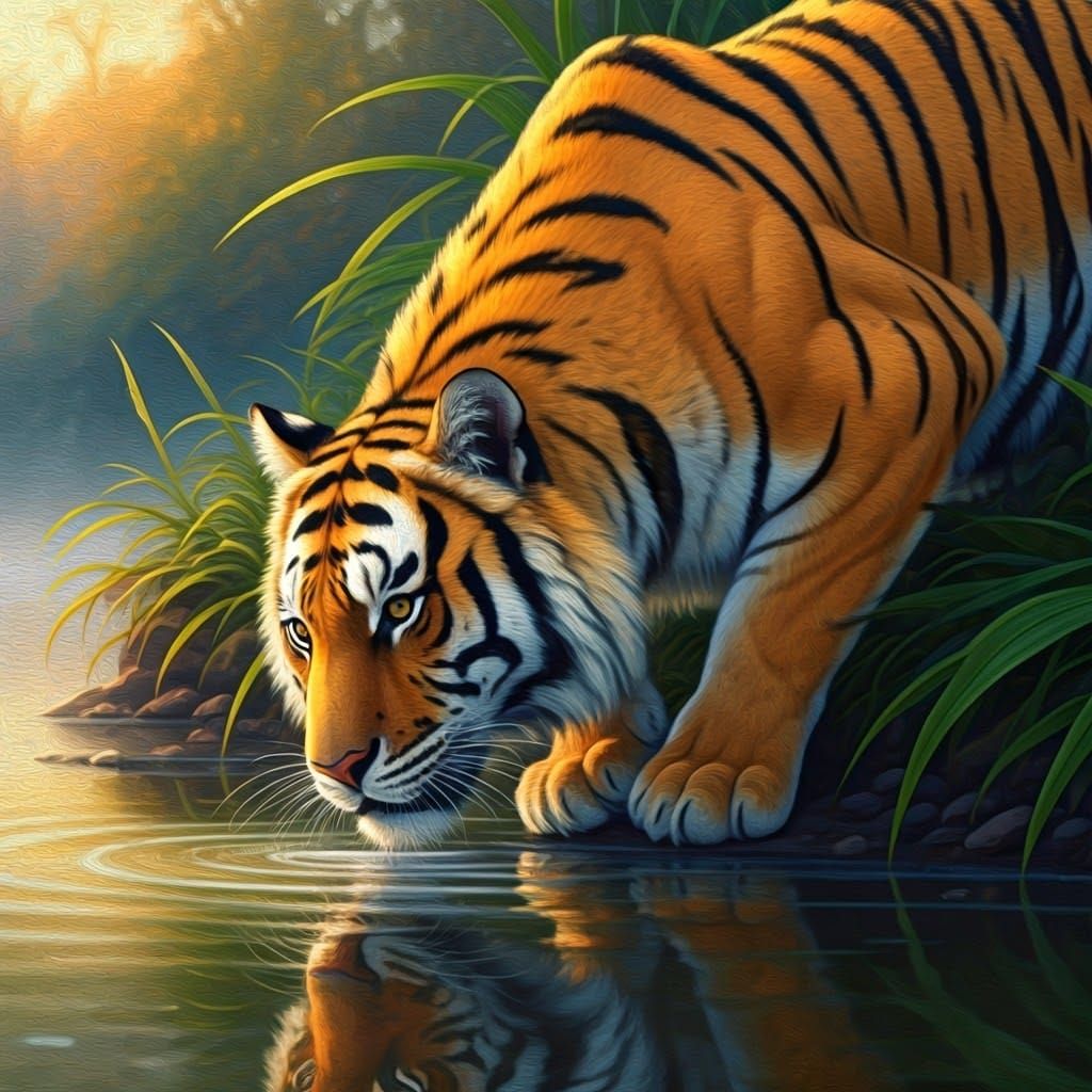 Majestic Tiger Drinking: Fantastical Realism Art