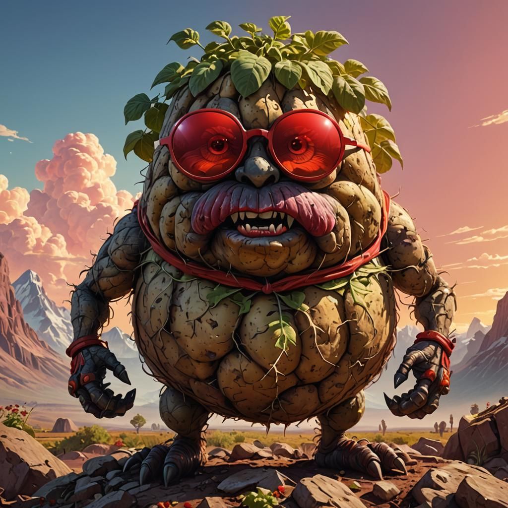 Surreal Potato Monster in Sunglasses, Dreamlike Art