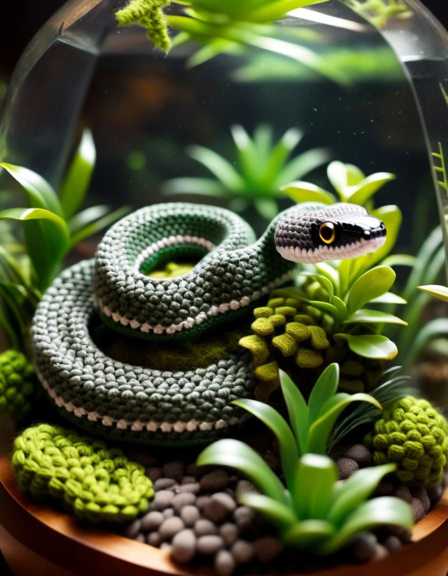 Adorable Crocheted Snake in Detailed Terrarium