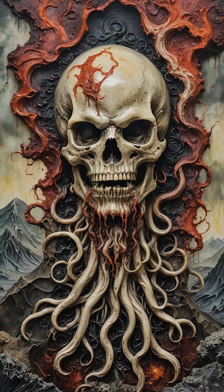 Cthulhu Tardigrade Skull in Encaustic Style