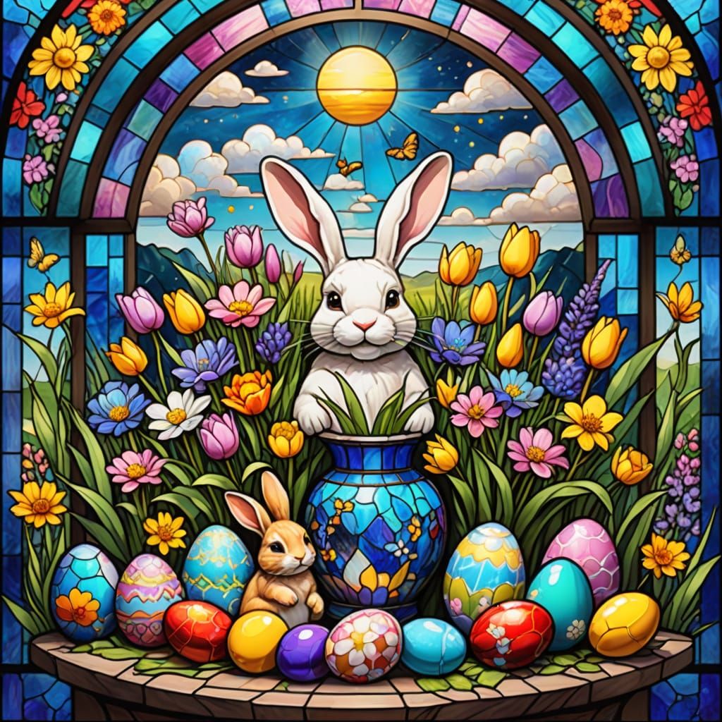 Easter Stained glass vase showing rabbits and easter eggs. V...