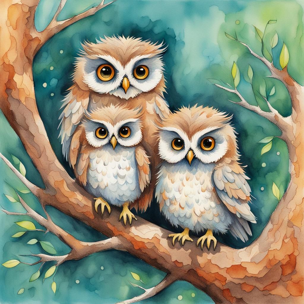 Adorable Baby Owls in Nest Illustration