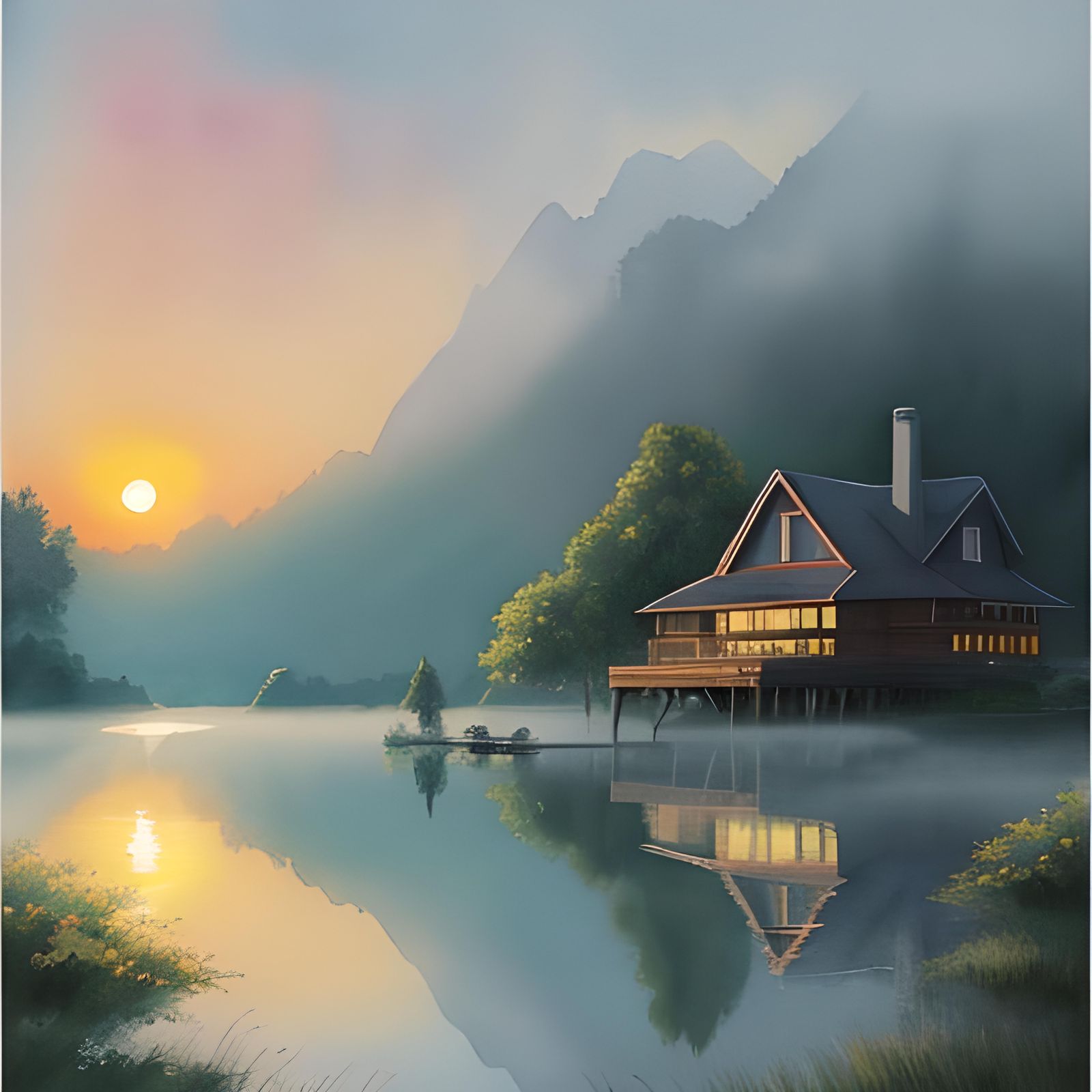 Misty lake house