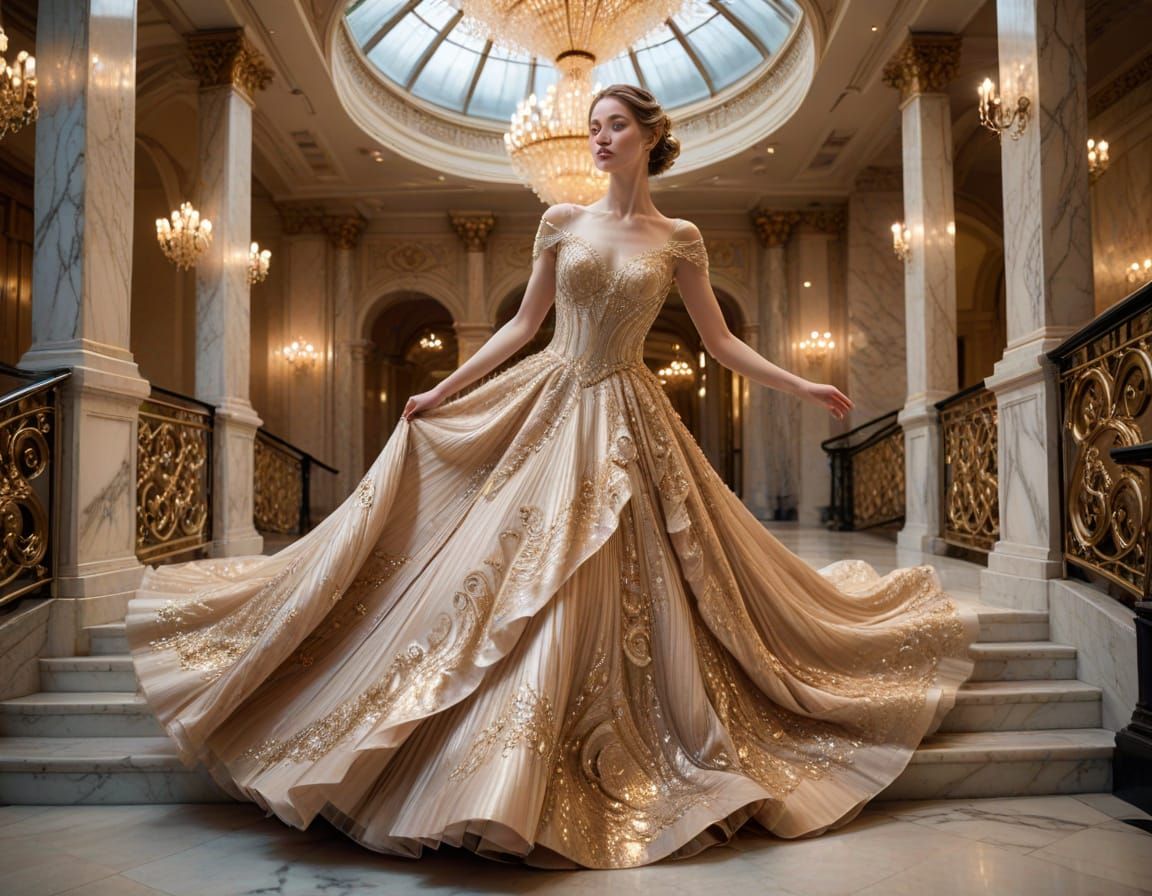 Surreal Ballgown Dancer on Marble Staircase