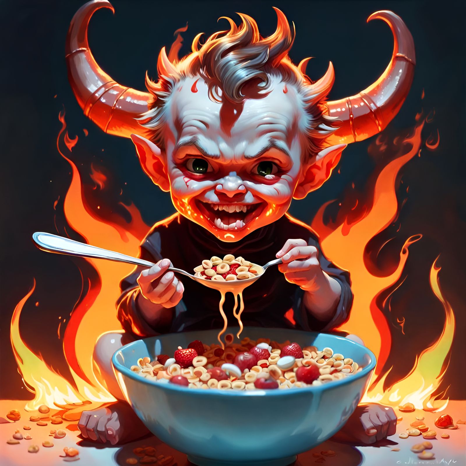 Chibi Demon Eats Cereal in Fiery Portrait