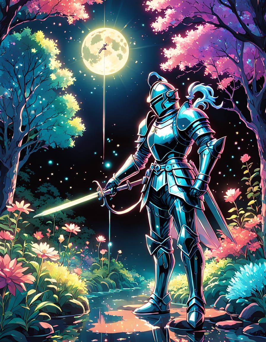 Moonlit Knight Tends Enchanted Garden