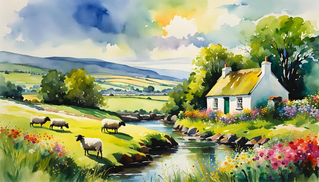 Idyllic Irish Landscape Watercolor Painting with Cottage