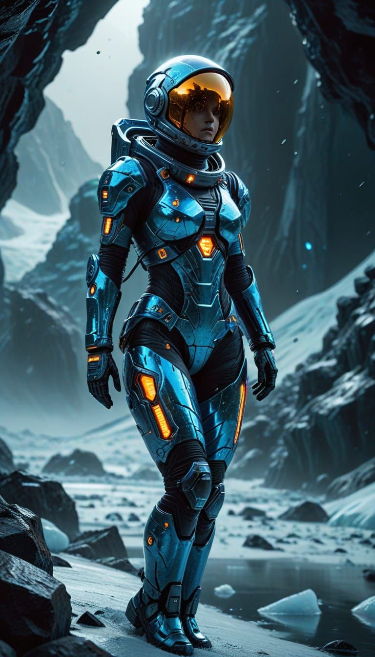 Astronaut in Chrome Spacesuit on Ice Planet